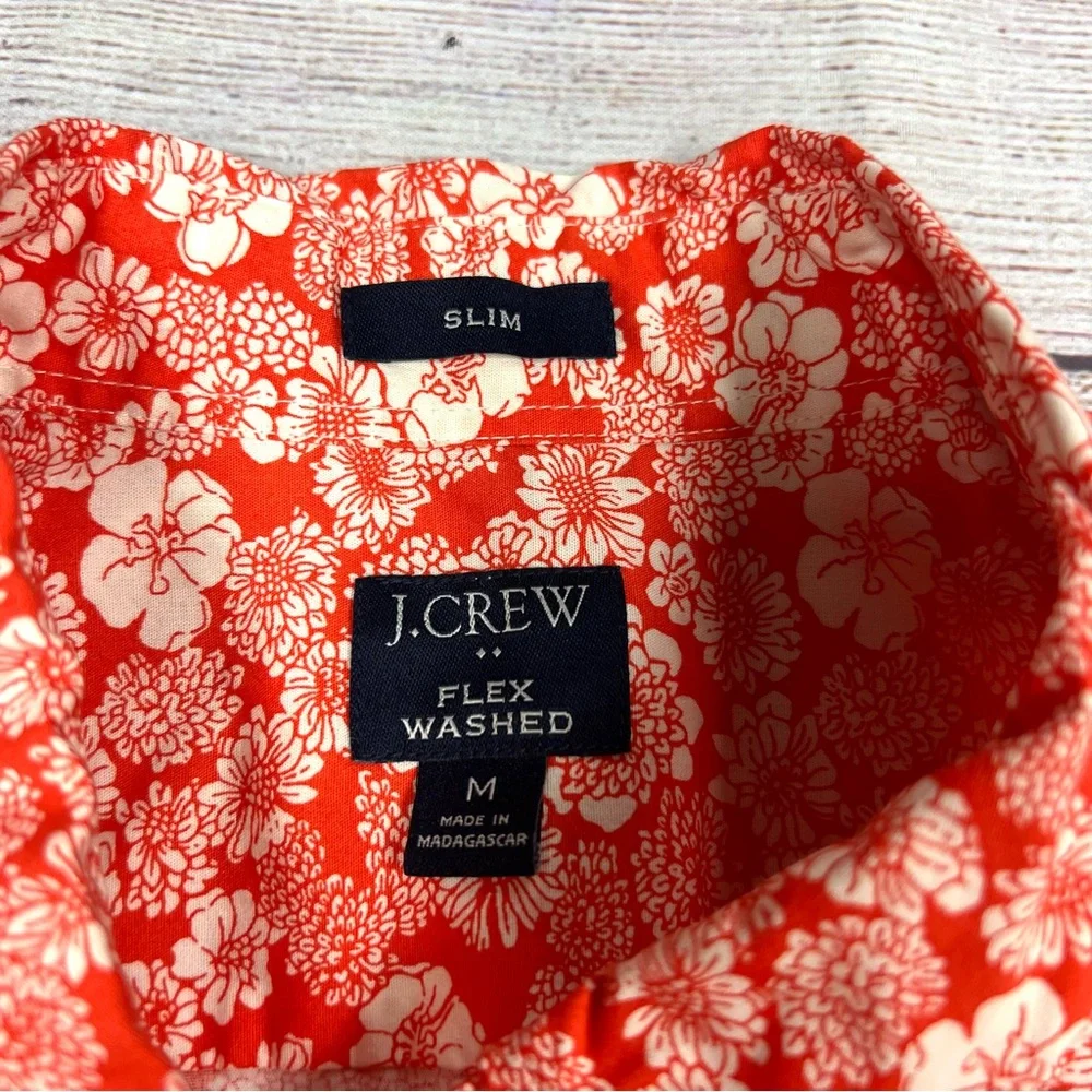 J. Crew Mens Orange White Floral Button Down Shirt Size M Flex Washed Slim Beach
